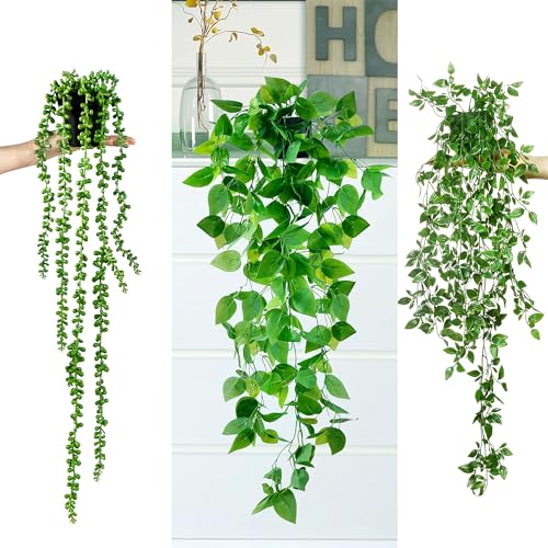 Fake Hanging Plants 6 Pack Artificial Hanging Eucalyptus Plants Potted Greenery Faux Mandala Vine String of Pearls Boston Fern Ivy Vine Leaves Pea Pod for Home Indoor Outdoor Shelf Wall Decor (21.5" / 6 Pcs Green)