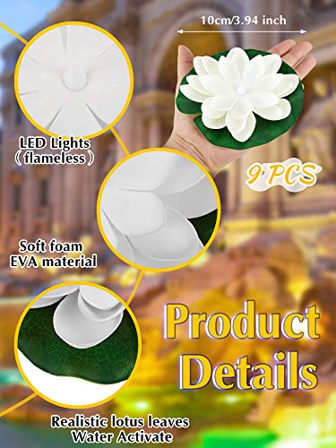 9 Pcs 3.94 in Floating Lotus Lights with Battery (3.94 Inch / White, Yellow Light)