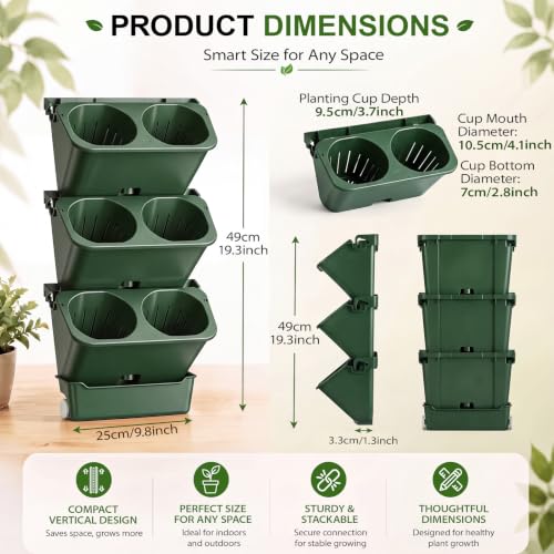 3 Set 6 Pocket Vertical Stackable Wall Planters Kit Outdoor Self Watering Plastic Planter Grow Hang Mount System for Strawberry Flower Vegetable Home Fence Balcony Wall Decor (Military Green)