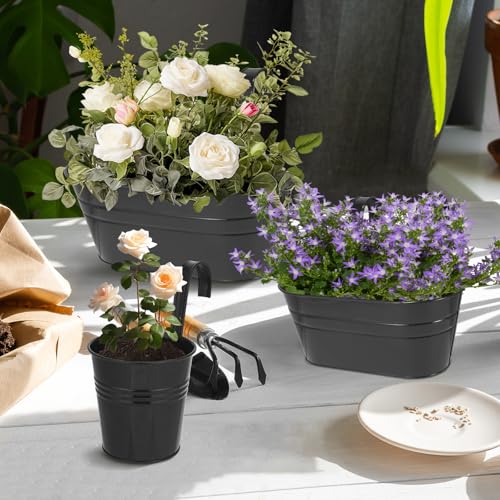 3 Different Size Metal Iron Hanging Flower Pots 10 Pcs for Outdoor Plants Metal Hanging Bucket Pots Iron Railing Fence Planter with Drainage Holes and Hooks for Porch Railing Balcony Fence (10 Count)