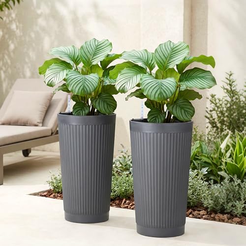 Set of 2 Large Round Tall Planter for Indoor or Outdoor 24" Flower Pots for Porch (Round Ribbed Gray / 24")