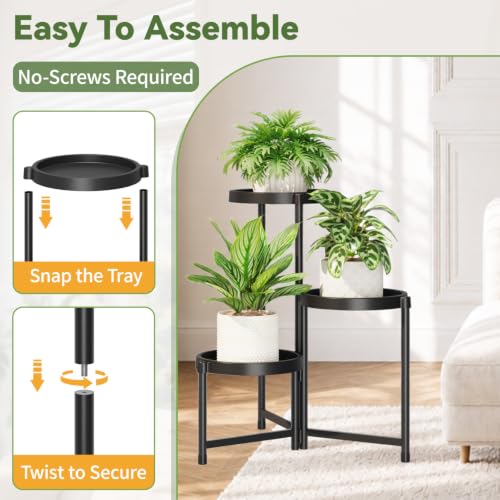 Plant Stand Indoor Outdoor with Large 10 Inch Plastic Tray (Black with Large Tray / 3 Tier)