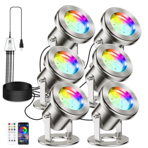Underwater Pond Light with APP Control & 12V Transformer (Black Wire / 6-IN-1 Spotlight)