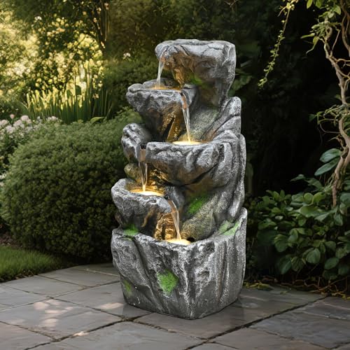 31.9'' Outdoor Garden Water Fountain with Lights (Grey 32in)