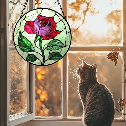 Stained Glass Window Hanging 4 Pcs Set Red Roses Yellow Sunflowers Large 11.8" (4-piece Green Set / 11.8x11.8 IN)