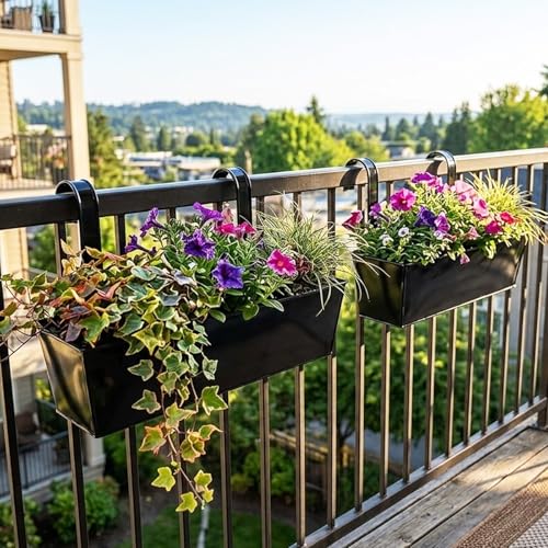 17" Metal Railing Planter with Detachable Hook (Rectangular-black)