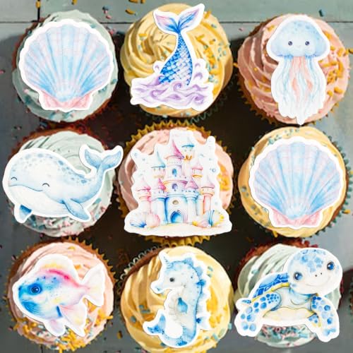 60Pcs Edible Under The Sea Cupcake Topper Edible Starfish Octopus Crab Jellyfish Dolphin Starfish Seahorse Cupcake Picks for Under the Sea Baby Shower Boys Girls Birthday Party Decorations (Red Blue Purple)