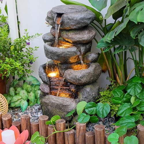 The 4 Tiered Water Fountain Outdoor&Indoor Fountain with Lights (Gray28.35inch)