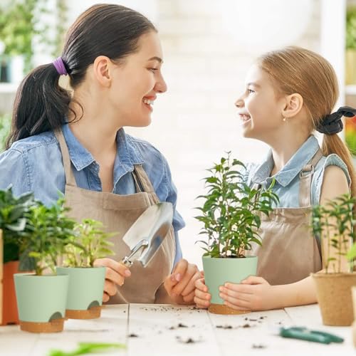 7/6.5/6/5.5/5/4 inch Self Watering Pots for Indoor Outdoor Plants, 6 Pack Plastic Flower Planters with Drainage Holes and Removable Saucers, Plant Pots with Wicking Rope, Green Brown (6 Count)