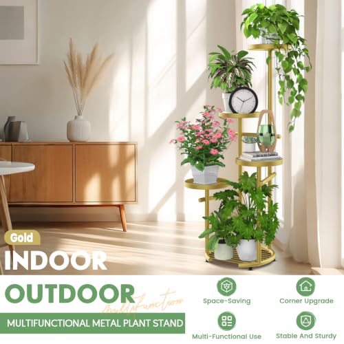 Tall 5 Tier Round Metal Corner Plant Stand Indoor (Gold / 5-Tier Round Base)