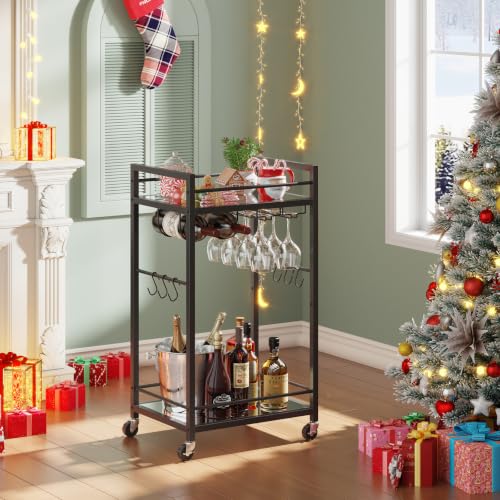 Bar Cart with 2 Mirrored Shelves (Black)
