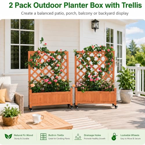 2 Trellis Raised Garden Bed with Wheels (Red Brown / H38 × W28 x D13 in)