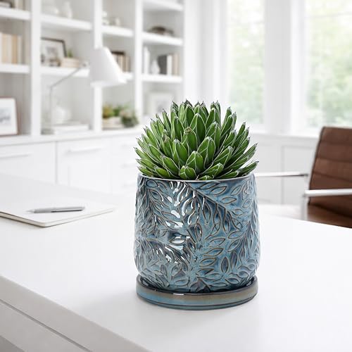 Embossed Leaves Ceramic Planter (5 Inch / Ocean Teal)