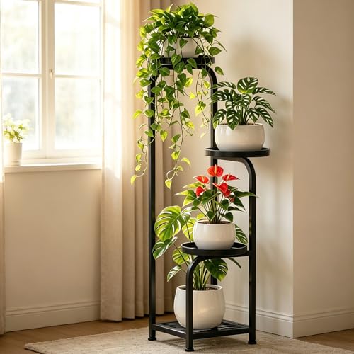 4 Tier Square Corner Plant Stand Indoor Outdoor (Black / 4-Tier Square Base)