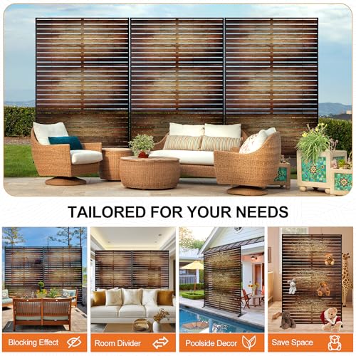 Metal Freestanding Privacy Screen Panels Outdoor (71"H×47"W / Retro Wood Grain)