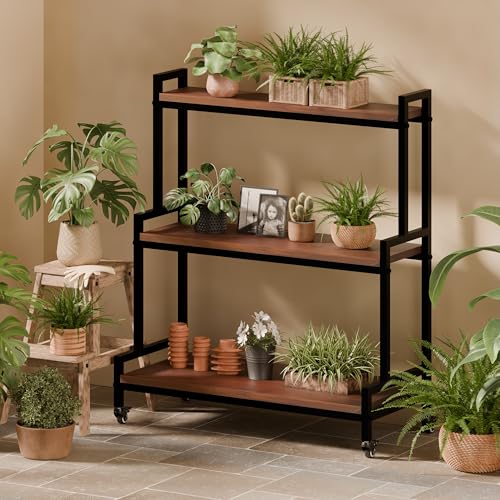 3 Tier Plant Stand with Wheels (Walnut)