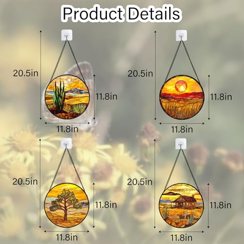 Stained Glass Window Hanging 4 Pcs Set Desert Sunset Theme Landscape Large 11.8" (4-piece Set Yellow-brown / 11.8x11.8 IN)