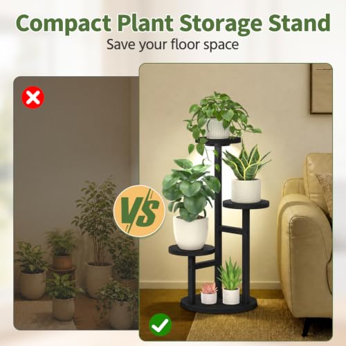 Wood Small Plant Stand Table Indoor Tall with Lights (Black with Light / 3 Tier)