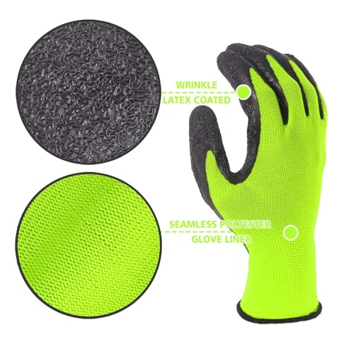 Crinkle Latex Rubber Hand Coated Safety Work Gloves for Men Women General Multi Use Construction Warehouse Gardening Assembly Landscaping (X-Small / Green-120 Pairs)