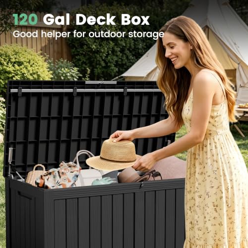 120 Gallon Outdoor Storage Box Waterproof Lockable Resin Deck Box for Patio (Black / 120 Gallon)