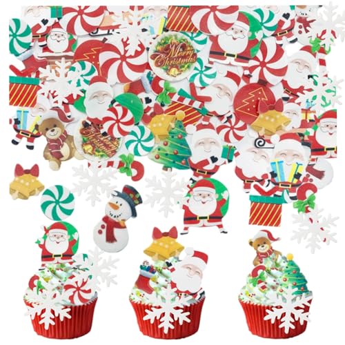 64PCS Christmas Edible Cake Topper Decorations Santa Claus Snowflakes Cupcake Toppers Wafer Paper (Merry Christmas)