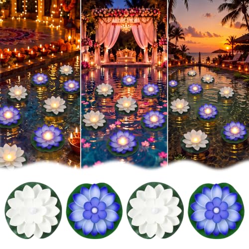 18 Pcs Floating Lotus LED Lights (White,Blue / 3.94 Inch)