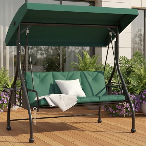 3 Seat Patio Porch Swing with Adjustable Canopy and Stand (Green / with cup holder)