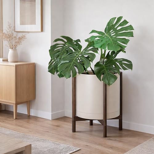 Plastic Pot with Walnut Wood Stand (Oatmeal Pot + Walnut Color Stand / 16 Inch)