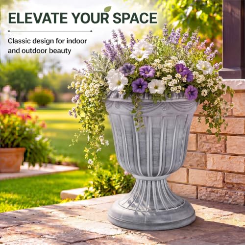 4 Pcs 16 x 18 Inches White Wash Plastic Urn Planter Classic Flower Pots Front Porch Planters Indoor Outdoor Planters with Pedestal for Wedding Party Bridal Shower Garden Patio Porch (16 x 18 Inches / White Wash)