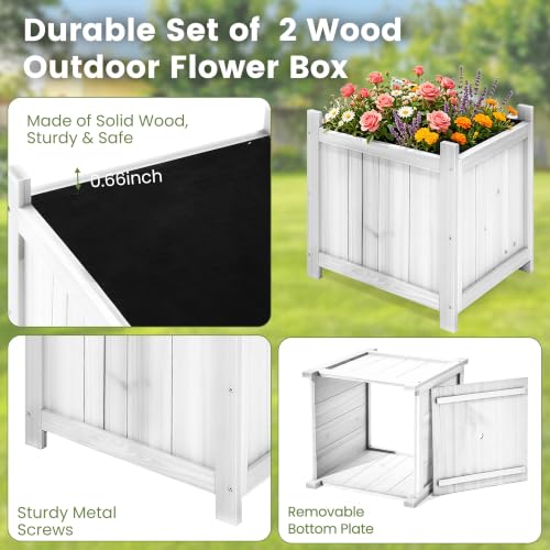 2 Pack 16" White Fir Wood Square Planter Boxes with Drainage Holes (Square Planter Boxes-whitewashed Color)