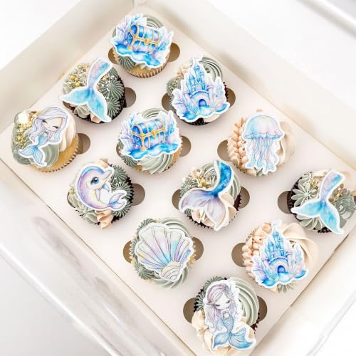 54Pcs Edible Colorful Mermaid Tails Cupcake Toppers Ocean Animal Cupcake Picks for Under The Sea Party Decoration Baby Shower Girls Mermaids Birthday Ocean Theme Bridal Shower Wedding Supplies (Light Blue Purple)