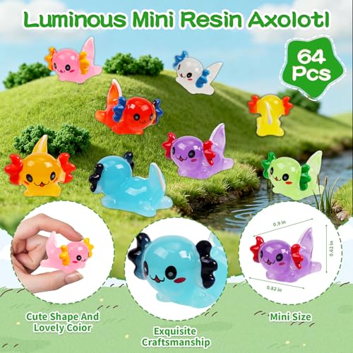64PCS Luminous Mini Resin Axolotl 8 Colors Glow in The Dark Small Little Resin Axolot to Hide Bulk Miniature Plastic Animal Figures for Micro Landscape Dollhouse Fairy Garden Aquarium Potted DIY Decor (64pcs-axolotl)