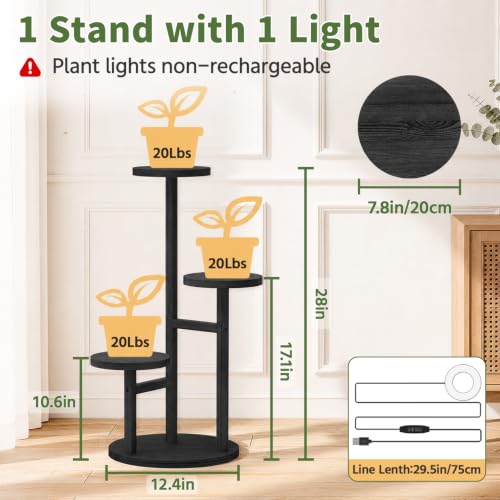 Wood Small Plant Stand Table Indoor Tall with Lights (Black with Light / 3 Tier)