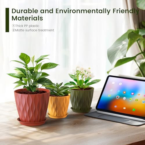 7/6.5/6/5.5/5/4.5/4 inch Plant Pots for Indoor Outdoor Plants, 7 Pack Thick Flower Pots with Drainage Holes and Saucers, Modern Wave Texture Small Plastic Planters Nursery Pots, Multicolor (Colorful / 7+6.5+6+5.5+5+4.5+4 inch 7 pieces)