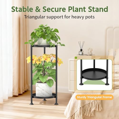 Plant Stand Indoor Tall Corner with Large Metal Tray (Classic Black / 2 Tier)