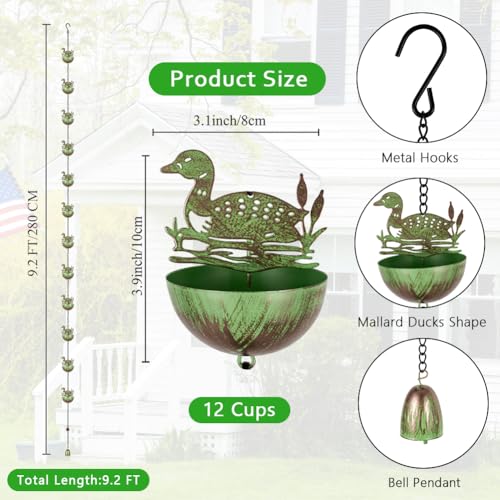 9.2FT Rain Chains for Gutter with 12 Cups (Mallard Duck)