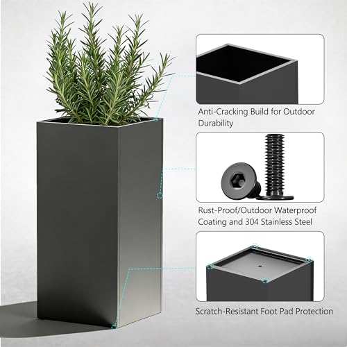 Set of 2 Tall Metal Planter Box for Outdoor Plants (Black / 14" L x 14" W x 30" H)