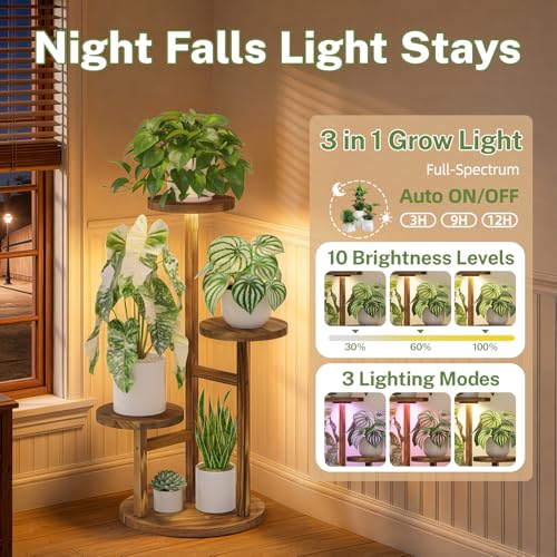 3 Tier Wood Plant Stand Indoor Corner with Grow Light (Pine Brown with Light / 3 Tiers)