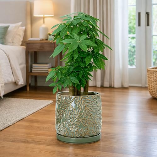 Embossed Leaves Ceramic Planter (10 Inch / Olive)
