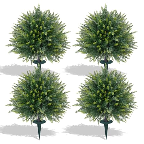Artificial 4 Pack Cedar Topiary Trees with Ground Spike for Porch Decor (Cedar Ball 4pcs)