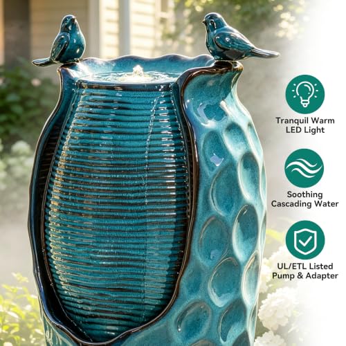 Autodaya 33" Vase Ceramic Outdoor Water Fountain with Lights and Birds (33"h-birds Jar Turquoise Glaze)