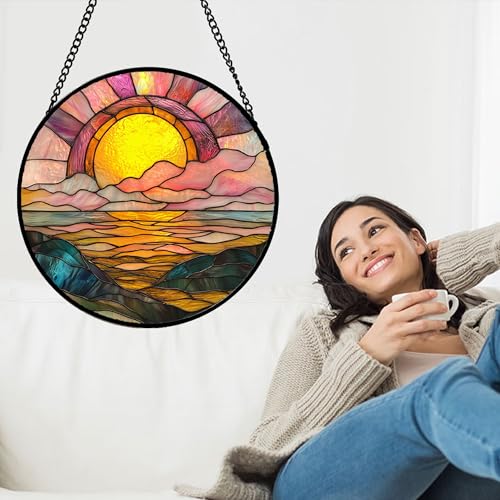 Sunrise Over The Sea Stained Glass Window Hanging Suncatcher Gifts 15"