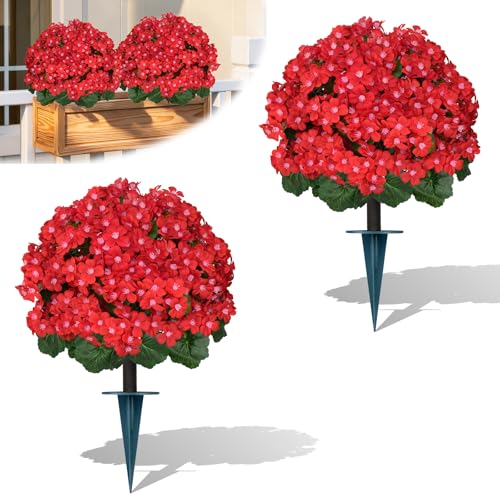 2Pack Artificial Topiary Red Flower Bushes for Outdoor (Red Crabapple Blossoms)