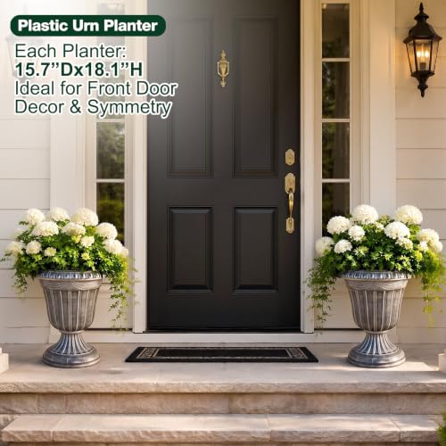 4 Pcs 16 x 18 Inches White Wash Plastic Urn Planter Classic Flower Pots Front Porch Planters Indoor Outdoor Planters with Pedestal for Wedding Party Bridal Shower Garden Patio Porch (16 x 18 Inches / White Wash)