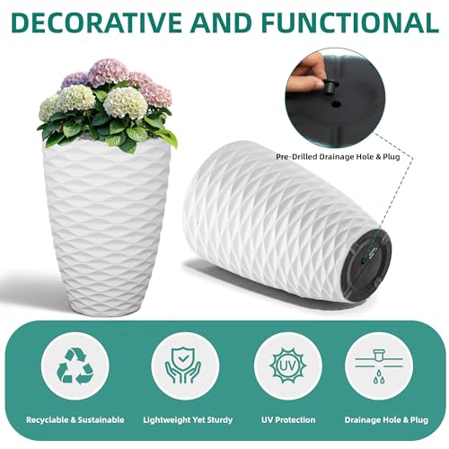2 Pack 19" White Resin Tall Outdoor Planters with Wave Texture (19"h-white Wavy)