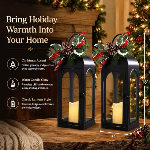 16 Inch Black Metal Christmas Lanterns Set of 2 with Remote and Timer
