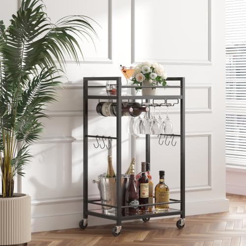 Bar Cart with 2 Mirrored Shelves (Black)