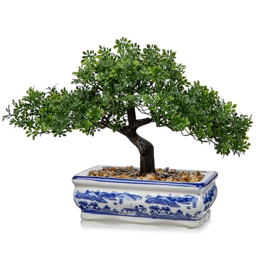 Artificial Bonsai Tree with Blue and White Porcelain Pot (7.5" BW porcelain)
