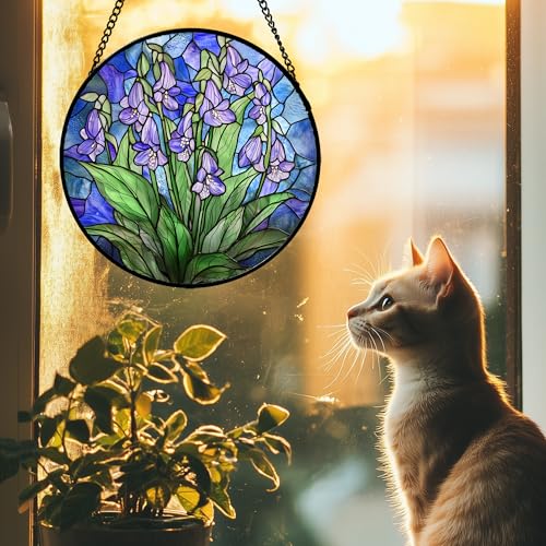 Stained Glass Window Hanging Suncatcher Purple Flower Gifts for Women 12"