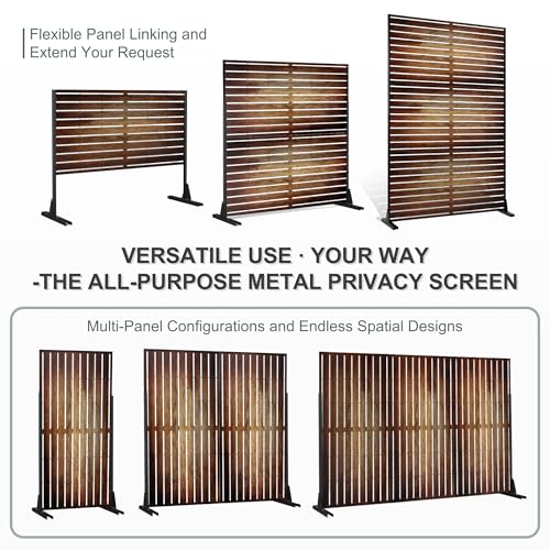 Metal Freestanding Privacy Screen Panels Outdoor (71"H×47"W / Retro Wood Grain)